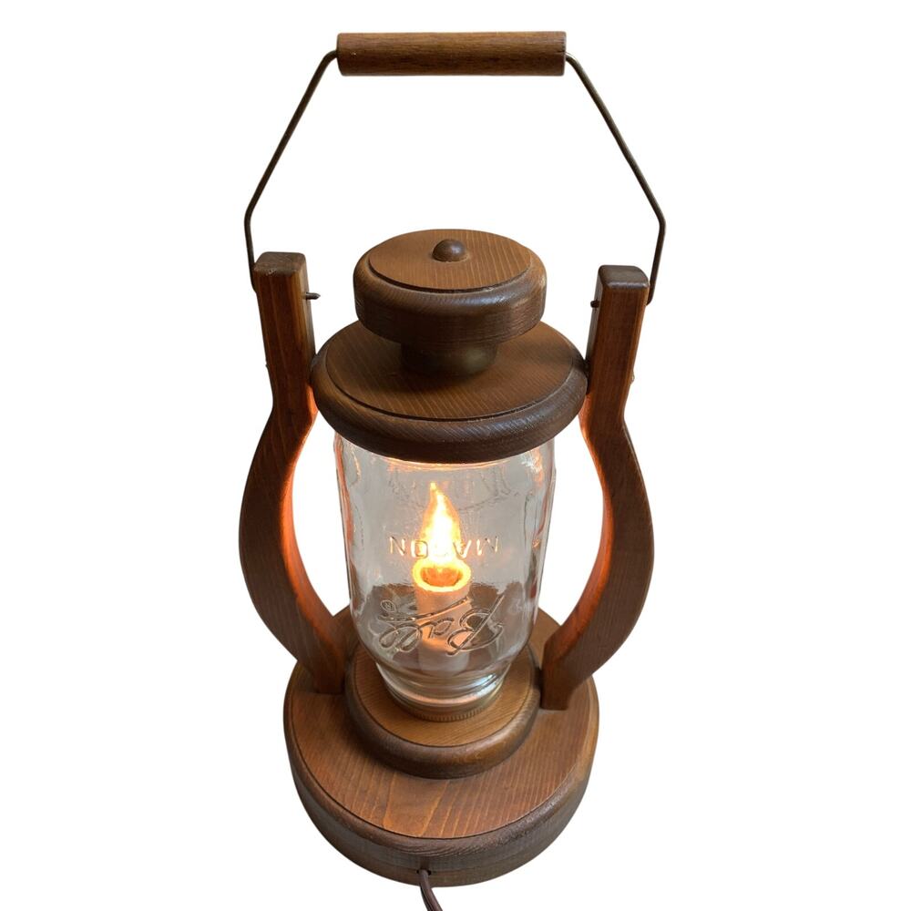 VTG Handmade Wood Lantern Ball Jar Electric Country Cabin Primitive